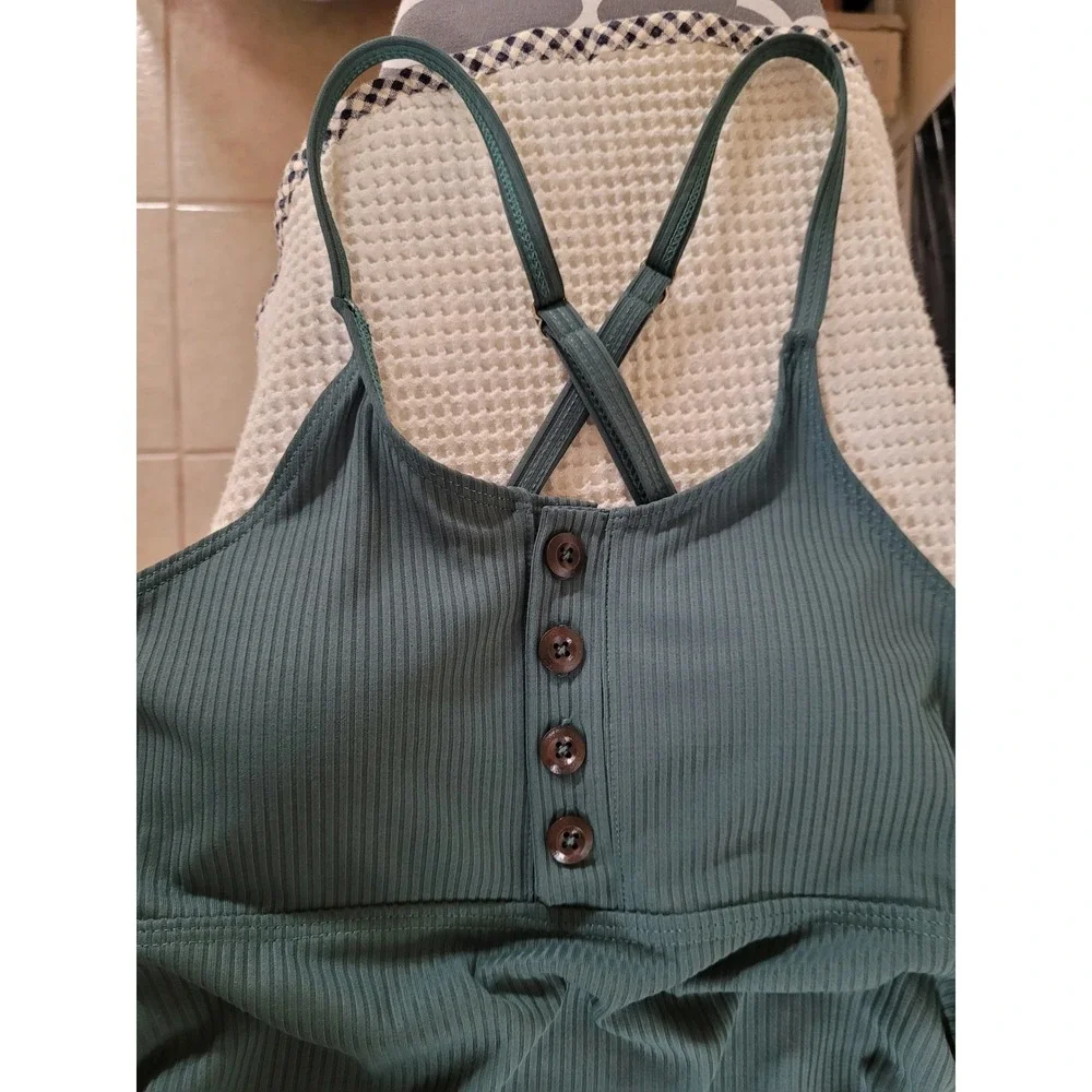 Summer Mae Ribbed 1 Piece Swimsuit Olive Green Buttons Sexy Ruched Side Size S